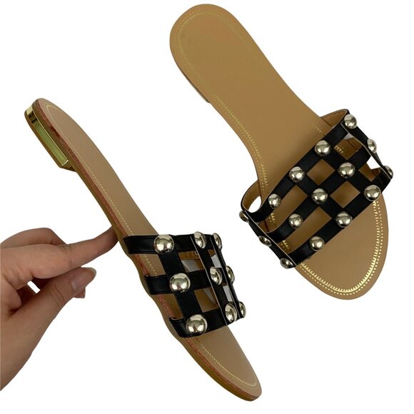Yoki Black Caged Studded Rocker Biker Sandals Slip On Shoes Womens Size 10 - Picture 1 of 9